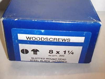 Qty 200  8 x 1 1/4  Slotted Round Head Black Woodscrews