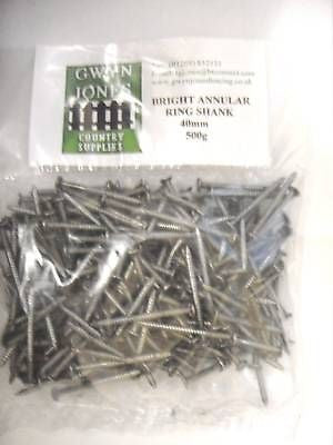 500g x 40mm BAG OF BRIGHT ANNULAR RING SHANK NAILS